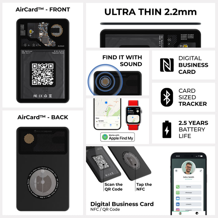 AirCard™ - Card-sized wallet tracker - AirCard™ - Card-sized wallet tracker - 1x AirCard - Black AirCard wallet tracker with QR code, NFC chip, and digital business card features displayed. - Rolling Square AirCard™ - Card-sized wallet tracker - 1x AirCard - Black AirCard wallet tracker with QR code, NFC chip, and digital business card features displayed. - Rolling Square