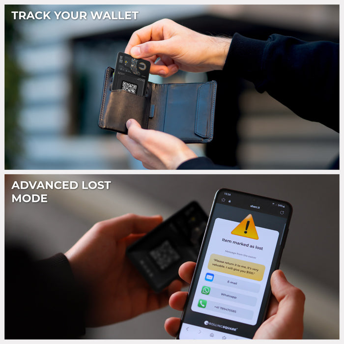 AirCard™ - Card-sized wallet tracker - AirCard™ - Card-sized wallet tracker - 1x AirCard - Compact black AirCard wallet tracker held above an open wallet; smartphone screen shows wallet alert notification. - Rolling Square AirCard™ - Card-sized wallet tracker - 1x AirCard - Compact black AirCard wallet tracker held above an open wallet; smartphone screen shows wallet alert notification. - Rolling Square