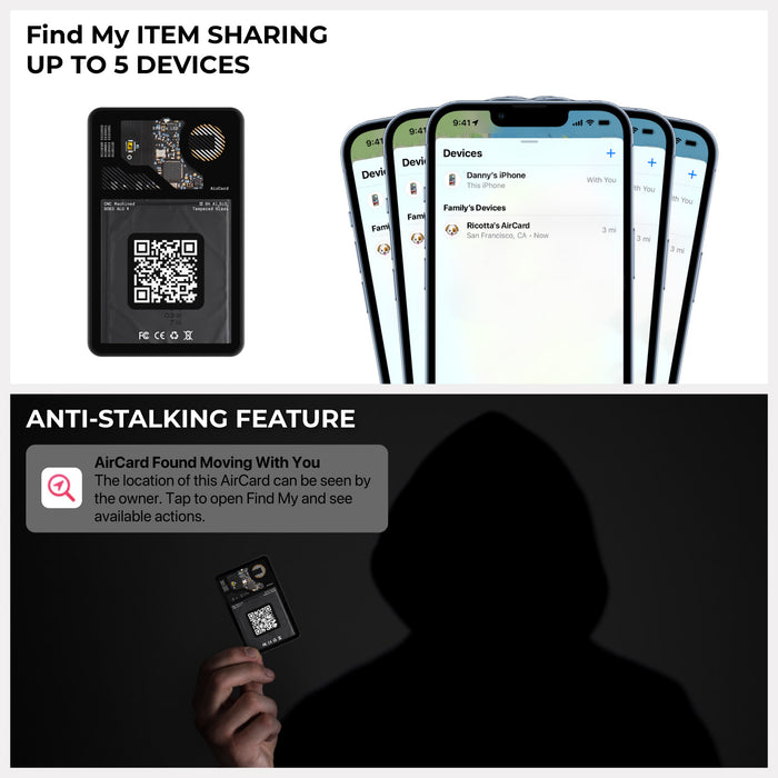 AirCard™ - Card-sized wallet tracker - AirCard™ - Card-sized wallet tracker - 1x AirCard - Black AirCard wallet tracker showing internal circuitry and QR code alongside smartphone screens displaying the Find My app. - Rolling Square AirCard™ - Card-sized wallet tracker - 1x AirCard - Black AirCard wallet tracker showing internal circuitry and QR code alongside smartphone screens displaying the Find My app. - Rolling Square