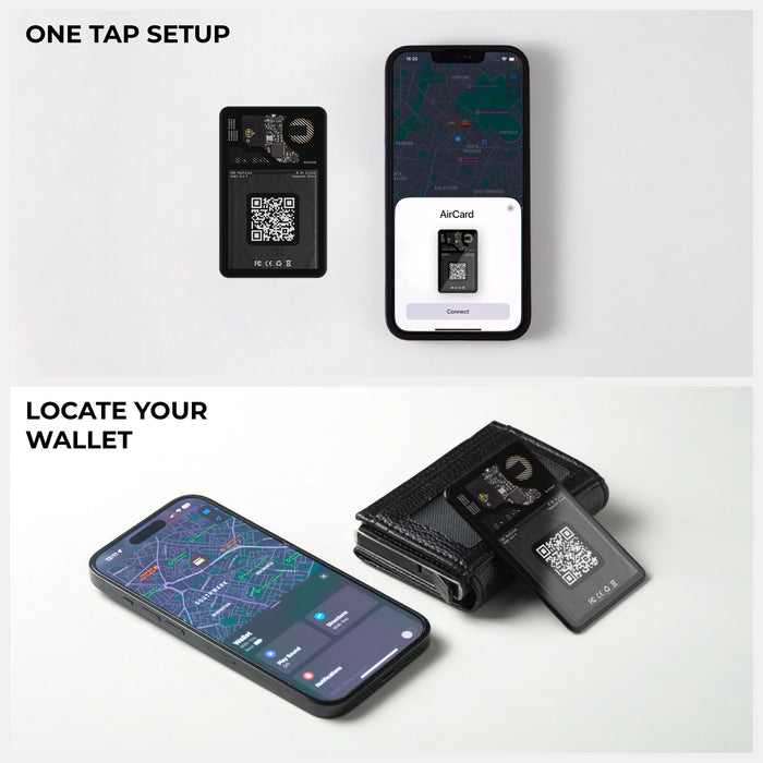 AirCard™ - Card-sized wallet tracker - AirCard™ - Card-sized wallet tracker - 1x AirCard - Black AirCard wallet tracker with QR code displayed next to smartphone showing tracking app interface. - Rolling Square AirCard™ - Card-sized wallet tracker - 1x AirCard - Black AirCard wallet tracker with QR code displayed next to smartphone showing tracking app interface. - Rolling Square