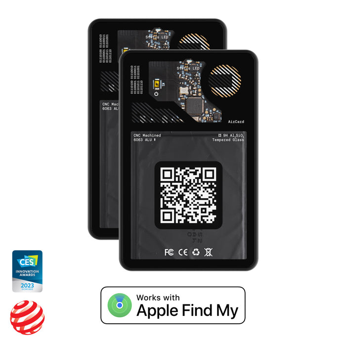AirCard™ - Card-sized wallet tracker - AirCard™ - Card-sized wallet tracker - 1x AirCard - Black card-sized wallet trackers with visible circuit board detail and a QR code, compatible with Apple Find My. - Rolling Square AirCard™ - Card-sized wallet tracker - 1x AirCard - Black card-sized wallet trackers with visible circuit board detail and a QR code, compatible with Apple Find My. - Rolling Square