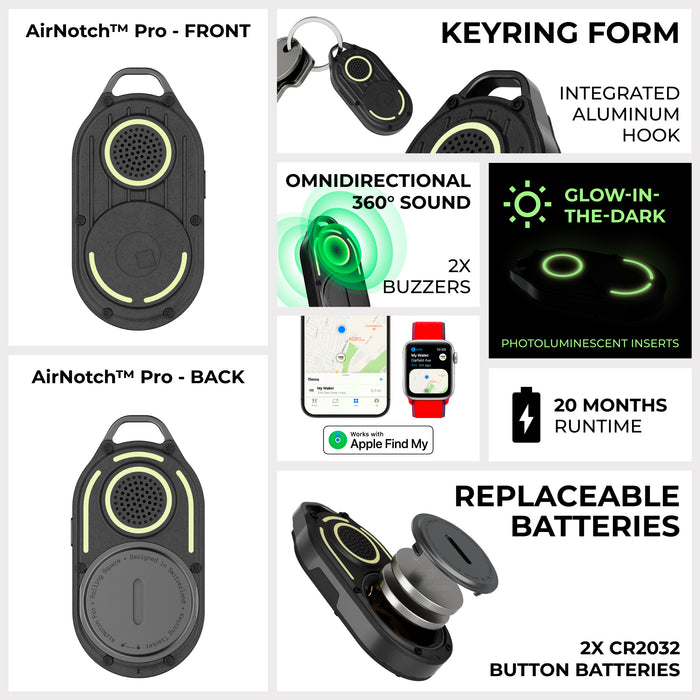AirNotch™ Pro - Android & Apple Bluetooth tracker - AirNotch™ Pro - Android & Apple Bluetooth tracker - Black - Apple Network - Black AirNotch Pro Bluetooth tracker with glow-in-the-dark ring and integrated aluminum keyring hook. - Rolling Square AirNotch™ Pro - Android & Apple Bluetooth tracker - Black - Apple Network - Black AirNotch Pro Bluetooth tracker with glow-in-the-dark ring and integrated aluminum keyring hook. - Rolling Square
