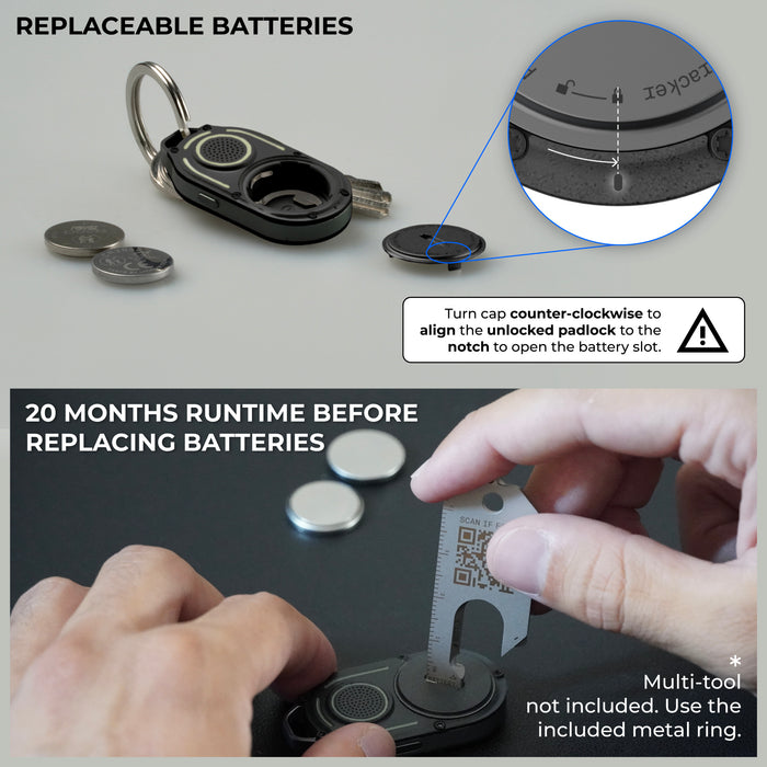 AirNotch™ Pro - Android & Apple Bluetooth tracker - AirNotch™ Pro - Android & Apple Bluetooth tracker - Black - Apple Network - Black AirNotch Pro Bluetooth tracker with keyring, showing replaceable battery and twist-off battery cover demonstration. - Rolling Square AirNotch™ Pro - Android & Apple Bluetooth tracker - Black - Apple Network - Black AirNotch Pro Bluetooth tracker with keyring, showing replaceable battery and twist-off battery cover demonstration. - Rolling Square