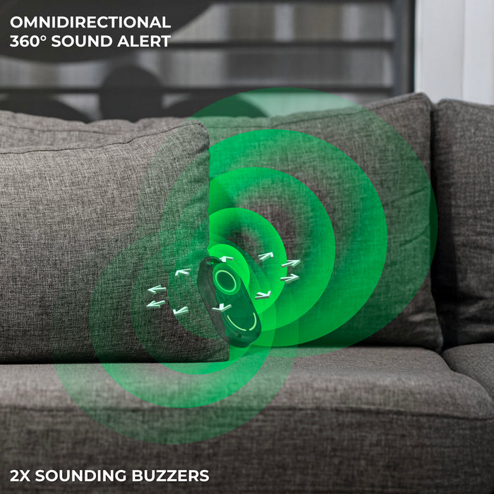 AirNotch™ Pro - Android & Apple Bluetooth tracker - AirNotch™ Pro - Android & Apple Bluetooth tracker - Black - Apple Network - Black AirNotch™ Pro Bluetooth tracker emitting green 360° sound waves on gray couch. - Rolling Square AirNotch™ Pro - Android & Apple Bluetooth tracker - Black - Apple Network - Black AirNotch™ Pro Bluetooth tracker emitting green 360° sound waves on gray couch. - Rolling Square