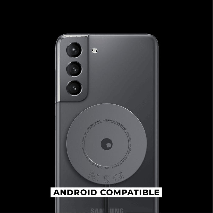 EDGE® Full Kit - Productivity magnetic kit - EDGE® Full Kit - Productivity magnetic kit - Carrara White - Dark grey smartphone with a circular magnetic productivity kit attached on the back, labeled Android compatible. - Rolling Square EDGE® Full Kit - Productivity magnetic kit - Carrara White - Dark grey smartphone with a circular magnetic productivity kit attached on the back, labeled Android compatible. - Rolling Square