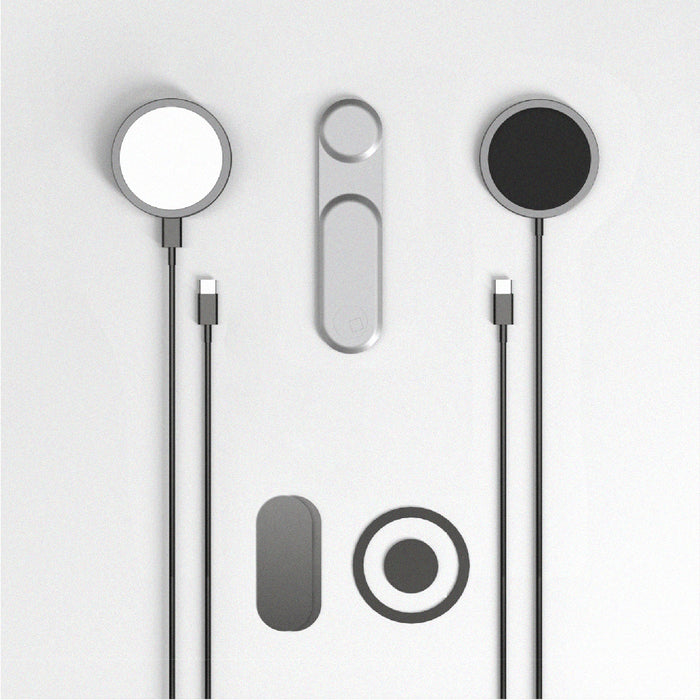 EDGE® Full Kit - Productivity magnetic kit - EDGE® Full Kit - Productivity magnetic kit - Carrara White - Magnetic productivity kit with two circular wireless chargers, a rectangular magnetic strip, and a round adhesive ring in. - Rolling Square EDGE® Full Kit - Productivity magnetic kit - Carrara White - Magnetic productivity kit with two circular wireless chargers, a rectangular magnetic strip, and a round adhesive ring in. - Rolling Square