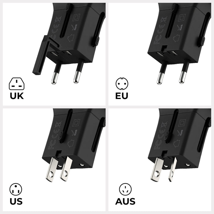 Pocket Travel Charger - US/EU/UK/AU plugs - Pocket Travel Charger - US/EU/UK/AU plugs - 30W - 1 Port - Black compact travel charger with interchangeable UK, EU, US, and AU plug adapters. - Rolling Square Pocket Travel Charger - US/EU/UK/AU plugs - 30W - 1 Port - Black compact travel charger with interchangeable UK, EU, US, and AU plug adapters. - Rolling Square