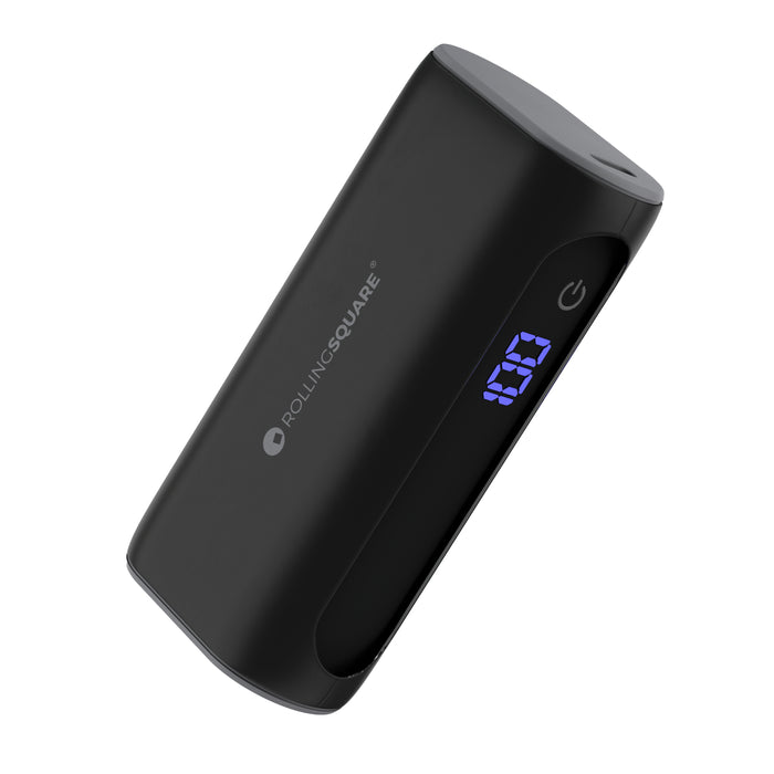 Essential Power Bank - 5,000mAh capacity, on-the-go - Essential Power Bank - 5,000mAh capacity, on-the-go - Black - Black compact Essential Power Bank with digital battery percentage display and power button. - Rolling Square Essential Power Bank - 5,000mAh capacity, on-the-go - Black - Black compact Essential Power Bank with digital battery percentage display and power button. - Rolling Square