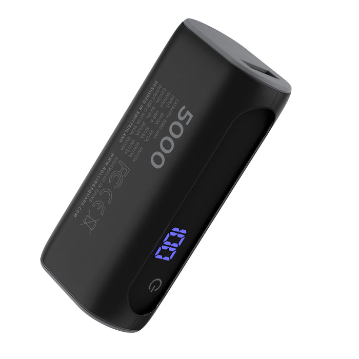 Essential Power Bank - 5,000mAh capacity, on-the-go - Essential Power Bank - 5,000mAh capacity, on-the-go - Black - Compact black power bank with 5,000mAh capacity and digital battery indicator display. - Rolling Square Essential Power Bank - 5,000mAh capacity, on-the-go - Black - Compact black power bank with 5,000mAh capacity and digital battery indicator display. - Rolling Square