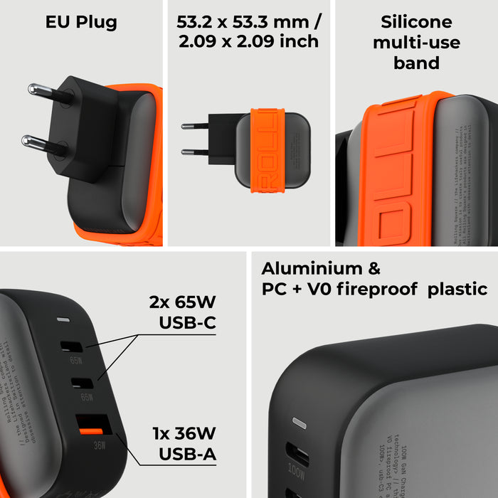 Essential GaN Charger - 65W power, 45% smaller - Essential GaN Charger - 65W power, 45% smaller - US - Compact black and orange Essential GaN Charger with EU plug, triple USB ports, and silicone multi-use band. - Rolling Square Essential GaN Charger - 65W power, 45% smaller - US - Compact black and orange Essential GaN Charger with EU plug, triple USB ports, and silicone multi-use band. - Rolling Square