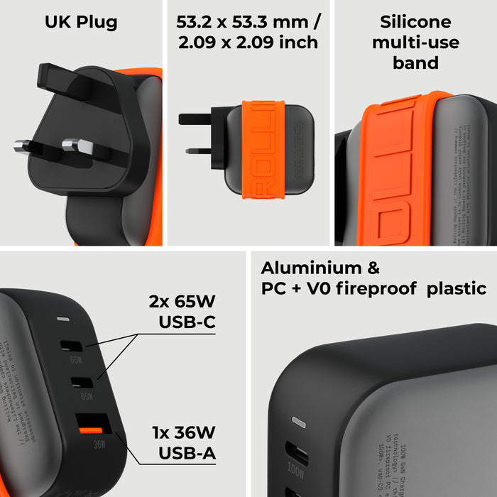 Essential GaN Charger - 65W power, 45% smaller - Essential GaN Charger - 65W power, 45% smaller - US - Compact 65W GaN charger with UK plug, silicone multi-use band, and black aluminum body. - Rolling Square Essential GaN Charger - 65W power, 45% smaller - US - Compact 65W GaN charger with UK plug, silicone multi-use band, and black aluminum body. - Rolling Square