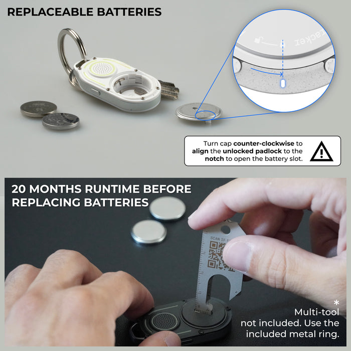 AirNotch™ Pro - Android & Apple Bluetooth tracker - AirNotch™ Pro - Android & Apple Bluetooth tracker - Black - Apple Network - White AirNotch Pro Bluetooth tracker with removable battery and keyring, shown open with two coin batteries nearby and hand. - Rolling Square AirNotch™ Pro - Android & Apple Bluetooth tracker - Black - Apple Network - White AirNotch Pro Bluetooth tracker with removable battery and keyring, shown open with two coin batteries nearby and hand. - Rolling Square