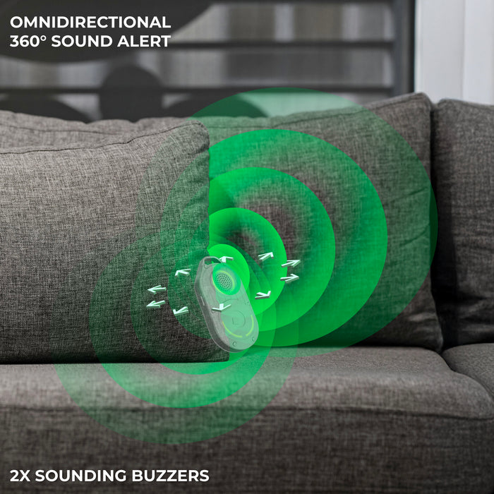 AirNotch™ Pro - Android & Apple Bluetooth tracker - AirNotch™ Pro - Android & Apple Bluetooth tracker - Black - Apple Network - Black AirNotch Pro Bluetooth tracker on gray couch with green 360° sound alert waves. - Rolling Square AirNotch™ Pro - Android & Apple Bluetooth tracker - Black - Apple Network - Black AirNotch Pro Bluetooth tracker on gray couch with green 360° sound alert waves. - Rolling Square