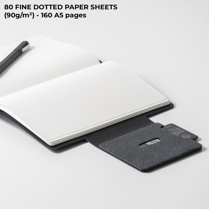 AirCard™ Notebook - A5 notebook made for AirCard - AirCard™ Notebook - A5 notebook made for AirCard - Grainy Black - A5 notebook with grainy black cover, open to blank dotted pages, paired with a slim black AirCard device. - Rolling Square AirCard™ Notebook - A5 notebook made for AirCard - Grainy Black - A5 notebook with grainy black cover, open to blank dotted pages, paired with a slim black AirCard device. - Rolling Square