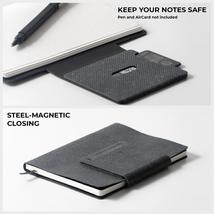 AirCard™ Notebook - A5 notebook made for AirCard - AirCard™ Notebook - A5 notebook made for AirCard - Grainy Black - Grainy black A5 notebook with steel-magnetic closing and textured cover with AirCard slot. - Rolling Square AirCard™ Notebook - A5 notebook made for AirCard - Grainy Black - Grainy black A5 notebook with steel-magnetic closing and textured cover with AirCard slot. - Rolling Square
