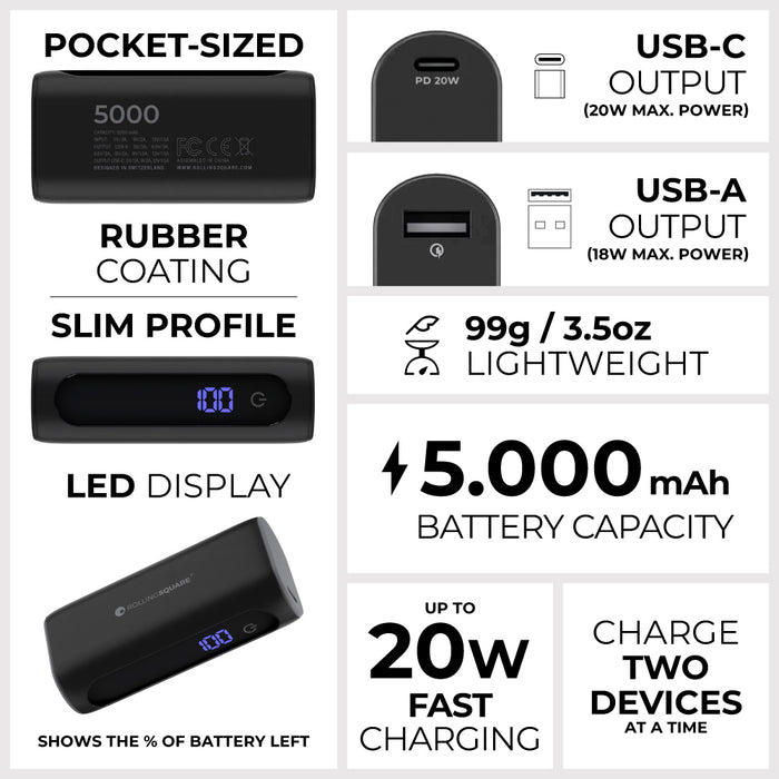 Essential Power Bank - 5,000mAh capacity, on-the-go - Essential Power Bank - 5,000mAh capacity, on-the-go - Black - Black slim power bank with rubber coating, LED display, and USB-C and USB-A ports. - Rolling Square Essential Power Bank - 5,000mAh capacity, on-the-go - Black - Black slim power bank with rubber coating, LED display, and USB-C and USB-A ports. - Rolling Square