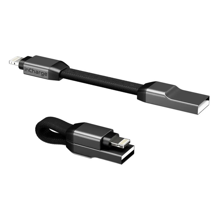 inCharge® Mini - The Smallest cable ever - inCharge® Mini - The Smallest cable ever - USB to Lightning - Compact black inCharge Mini cable with USB-C and Lightning connectors and braided finish. - Rolling Square inCharge® Mini - The Smallest cable ever - USB to Lightning - Compact black inCharge Mini cable with USB-C and Lightning connectors and braided finish. - Rolling Square
