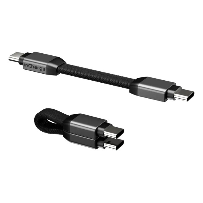 inCharge® Mini - The Smallest cable ever - inCharge® Mini - The Smallest cable ever - USB to Lightning - Compact black braided USB-C to Lightning short charging cable with metal connectors and an inCharge logo on one end. - Rolling Square inCharge® Mini - The Smallest cable ever - USB to Lightning - Compact black braided USB-C to Lightning short charging cable with metal connectors and an inCharge logo on one end. - Rolling Square