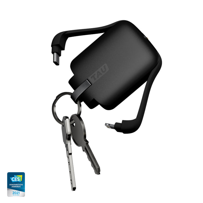 TAU® - Always-charged power bank - TAU® - Always-charged power bank - Charcoal Black - Compact black TAU power bank with built-in charging cables and keyring attachment. - Rolling Square TAU® - Always-charged power bank - Charcoal Black - Compact black TAU power bank with built-in charging cables and keyring attachment. - Rolling Square