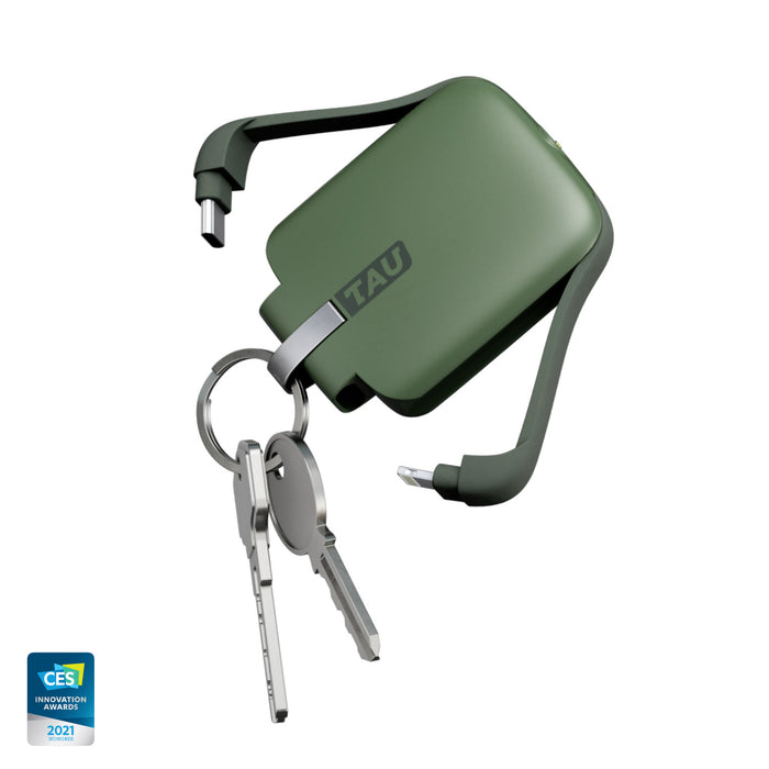 TAU® - Always-charged power bank - TAU® - Always-charged power bank - Charcoal Black - Compact agave green power bank with built-in cable and attached keyring with keys. - Rolling Square TAU® - Always-charged power bank - Charcoal Black - Compact agave green power bank with built-in cable and attached keyring with keys. - Rolling Square
