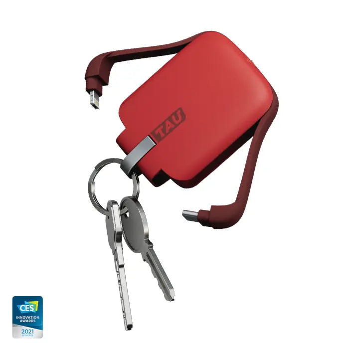 TAU® - Always-charged power bank - TAU® - Always-charged power bank - Charcoal Black - Compact red portable power bank with attached USB cables and keyring with keys. - Rolling Square TAU® - Always-charged power bank - Charcoal Black - Compact red portable power bank with attached USB cables and keyring with keys. - Rolling Square
