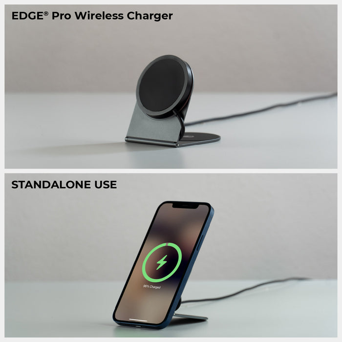 EDGE® Pro Wireless Charger - MagSafe charger, up to 15W - EDGE® Pro Wireless Charger - MagSafe charger, up to 15W - Hyperspace Black - Hyperspace black EDGE® Pro Wireless Charger angled stand with MagSafe charging pad and connected cable; second view shows. - Rolling Square EDGE® Pro Wireless Charger - MagSafe charger, up to 15W - Hyperspace Black - Hyperspace black EDGE® Pro Wireless Charger angled stand with MagSafe charging pad and connected cable; second view shows. - Rolling Square