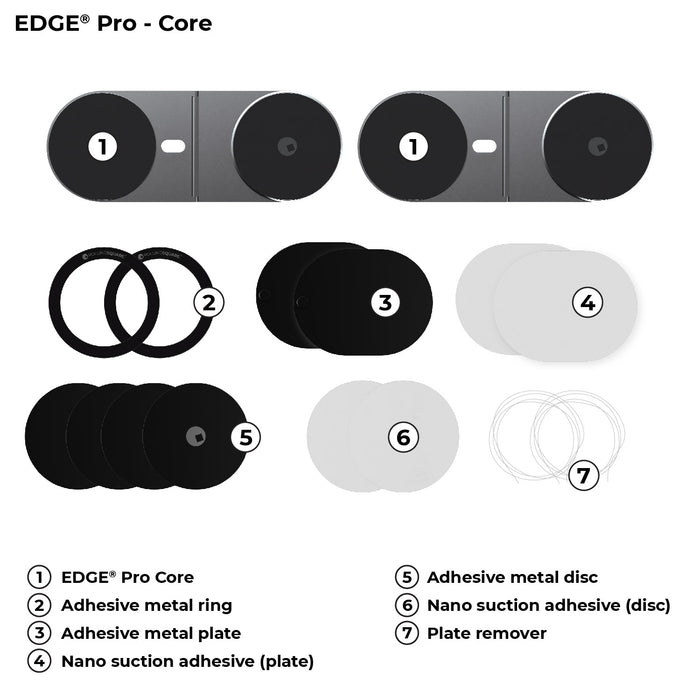 EDGE® Pro Tablet kit - MagSafe phone & tablet holder - EDGE® Pro Tablet kit - MagSafe phone & tablet holder - Hyperspace Black - EDGE Pro Tablet kit components including black magnetic cores, adhesive metal plates, and white plate removers arranged on a . - Rolling Square EDGE® Pro Tablet kit - MagSafe phone & tablet holder - Hyperspace Black - EDGE Pro Tablet kit components including black magnetic cores, adhesive metal plates, and white plate removers arranged on a . - Rolling Square