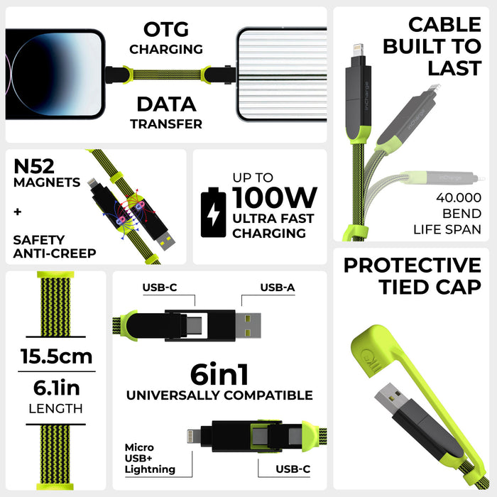 inCharge® XL Pocket - 100W, 6in1 keyring cable - inCharge® XL Pocket - 100W, 6in1 keyring cable - Dragon Green - Green 6-in-1 inCharge XL keyring cable with protective tied cap, USB-C to USB-A and micro USB connectors, 6.1-inch length. - Rolling Square inCharge® XL Pocket - 100W, 6in1 keyring cable - Dragon Green - Green 6-in-1 inCharge XL keyring cable with protective tied cap, USB-C to USB-A and micro USB connectors, 6.1-inch length. - Rolling Square