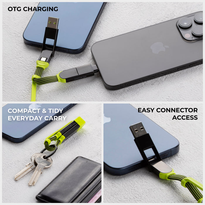 inCharge® XL Pocket - 100W, 6in1 keyring cable - inCharge® XL Pocket - 100W, 6in1 keyring cable - Dragon Green - Dragon green inCharge XL 6-in-1 keyring charging cable with USB and Lightning connectors, shown charging a smartphone. - Rolling Square inCharge® XL Pocket - 100W, 6in1 keyring cable - Dragon Green - Dragon green inCharge XL 6-in-1 keyring charging cable with USB and Lightning connectors, shown charging a smartphone. - Rolling Square