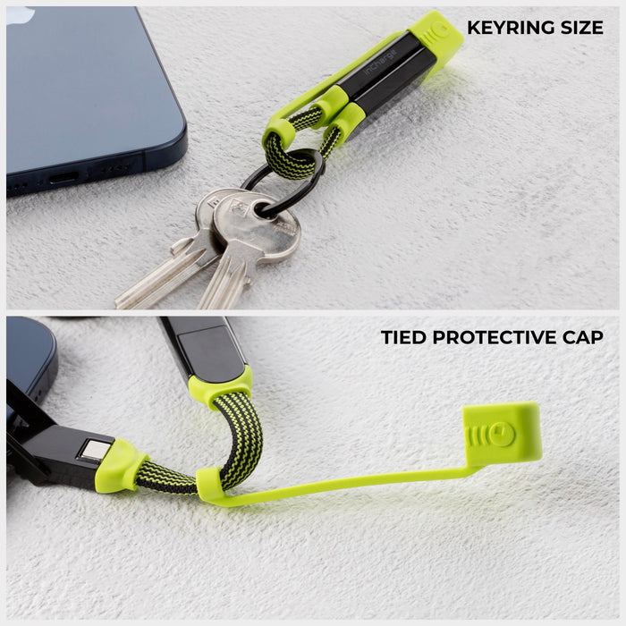 inCharge® XL Pocket - 100W, 6in1 keyring cable - inCharge® XL Pocket - 100W, 6in1 keyring cable - Dragon Green - Compact dragon green and black keyring cable with protective cap, attached to keys and a phone. - Rolling Square inCharge® XL Pocket - 100W, 6in1 keyring cable - Dragon Green - Compact dragon green and black keyring cable with protective cap, attached to keys and a phone. - Rolling Square