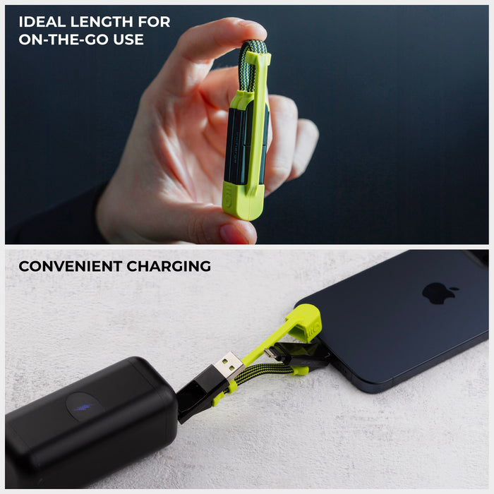 inCharge® XL Pocket - 100W, 6in1 keyring cable - inCharge® XL Pocket - 100W, 6in1 keyring cable - Dragon Green - Compact neon green 6-in-1 keyring charging cable held between fingers and plugged into smartphone and black charger. - Rolling Square inCharge® XL Pocket - 100W, 6in1 keyring cable - Dragon Green - Compact neon green 6-in-1 keyring charging cable held between fingers and plugged into smartphone and black charger. - Rolling Square