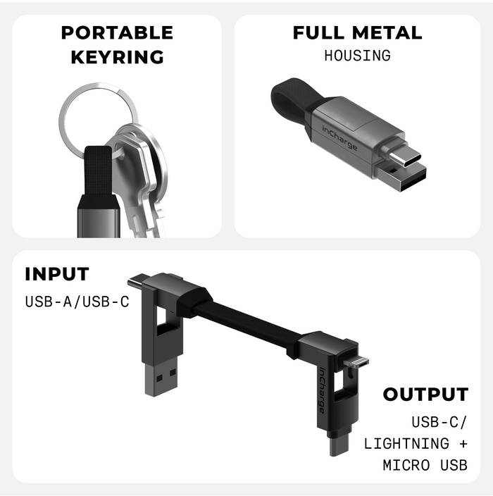 inCharge® 6 - 15W, 6in1 keyring cable - inCharge® 6 - 15W, 6in1 keyring cable - Mercury Gray - Compact black 6-in-1 keyring charging cable with USB-A, USB-C, Lightning, and Micro USB connectors and metal housing. - Rolling Square inCharge® 6 - 15W, 6in1 keyring cable - Mercury Gray - Compact black 6-in-1 keyring charging cable with USB-A, USB-C, Lightning, and Micro USB connectors and metal housing. - Rolling Square