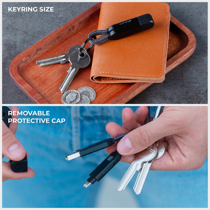 inCharge® X - 100W, 6in1 keyring cable - inCharge® X - 100W, 6in1 keyring cable - Lava Black - Compact black keyring cable with removable protective cap attached to keys and wallet on tray. - Rolling Square inCharge® X - 100W, 6in1 keyring cable - Lava Black - Compact black keyring cable with removable protective cap attached to keys and wallet on tray. - Rolling Square
