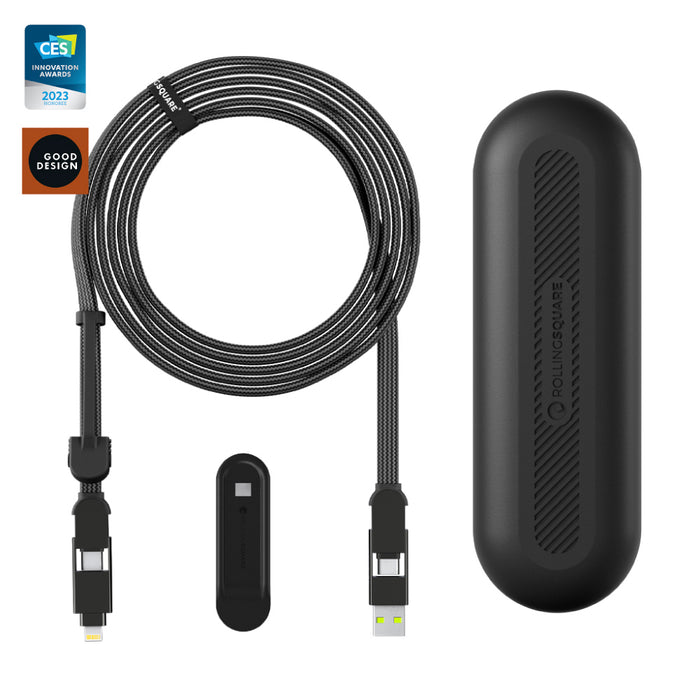 inCharge® XL 3m / 10ft - 100W, 6in1 ultra long cable - inCharge® XL 3m / 10ft - 100W, 6in1 ultra long cable - Urban Black - Black inCharge XL 3m 6-in-1 USB-C multi-charging cable with protective silicone case. - Rolling Square inCharge® XL 3m / 10ft - 100W, 6in1 ultra long cable - Urban Black - Black inCharge XL 3m 6-in-1 USB-C multi-charging cable with protective silicone case. - Rolling Square