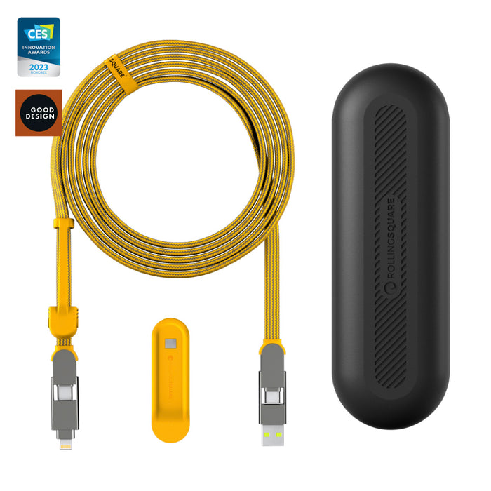 inCharge® XL 3m / 10ft - 100W, 6in1 ultra long cable - inCharge® XL 3m / 10ft - 100W, 6in1 ultra long cable - Urban Black - Yellow 3m inCharge XL 6-in-1 charging cable with USB-A, USB-C, Lightning connectors and black protective case. - Rolling Square inCharge® XL 3m / 10ft - 100W, 6in1 ultra long cable - Urban Black - Yellow 3m inCharge XL 6-in-1 charging cable with USB-A, USB-C, Lightning connectors and black protective case. - Rolling Square