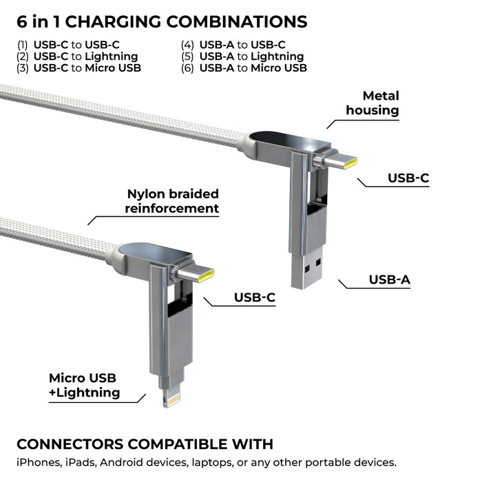 inCharge® XL 3m / 10ft - 100W, 6in1 ultra long cable - inCharge® XL 3m / 10ft - 100W, 6in1 ultra long cable - Urban Black - Ultra-long 3m white charging cable with USB-C, USB-A, Lightning, and Micro USB connectors labeled with metal housing and. - Rolling Square inCharge® XL 3m / 10ft - 100W, 6in1 ultra long cable - Urban Black - Ultra-long 3m white charging cable with USB-C, USB-A, Lightning, and Micro USB connectors labeled with metal housing and. - Rolling Square