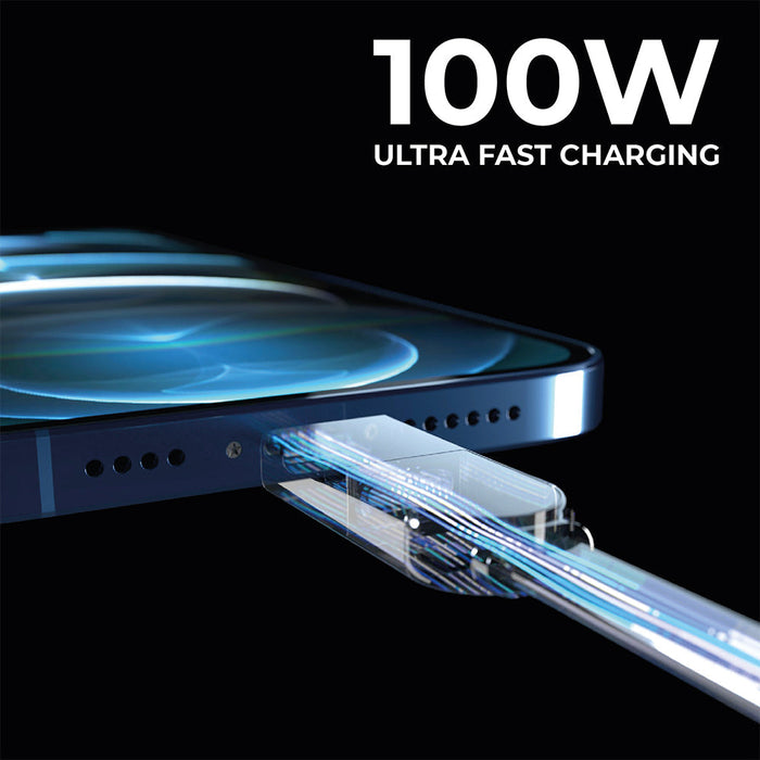 inCharge® X Max - 100W, 6in1 long cable - inCharge® X Max - 100W, 6in1 long cable - Lava Black - Lava Black inCharge X Max 6-in-1 charging cable connected to smartphone with blue light effect and 100W ultra fast charging. - Rolling Square inCharge® X Max - 100W, 6in1 long cable - Lava Black - Lava Black inCharge X Max 6-in-1 charging cable connected to smartphone with blue light effect and 100W ultra fast charging. - Rolling Square