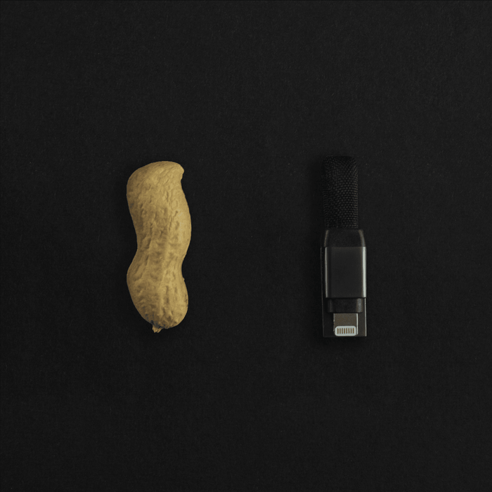 inCharge® Mini - The Smallest cable ever - inCharge® Mini - The Smallest cable ever - USB to Lightning - Compact black charging cable with a Lightning connector next to a peanut for size comparison on a black background. - Rolling Square inCharge® Mini - The Smallest cable ever - USB to Lightning - Compact black charging cable with a Lightning connector next to a peanut for size comparison on a black background. - Rolling Square