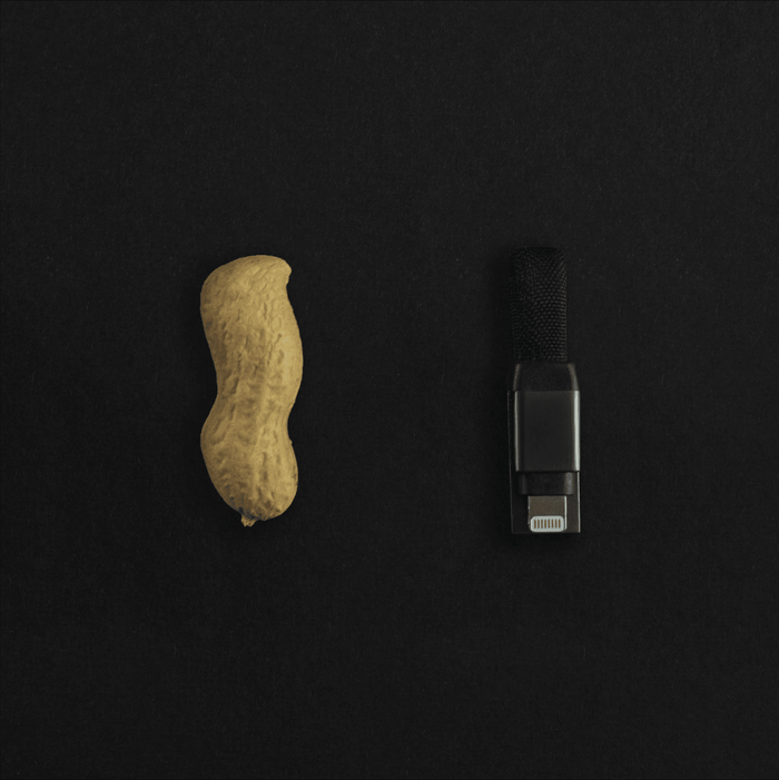 inCharge® Mini - The Smallest cable ever - inCharge® Mini - The Smallest cable ever - USB to Lightning - Compact black charging cable with silver Lightning connector next to a peanut for size comparison on black background. - Rolling Square inCharge® Mini - The Smallest cable ever - USB to Lightning - Compact black charging cable with silver Lightning connector next to a peanut for size comparison on black background. - Rolling Square