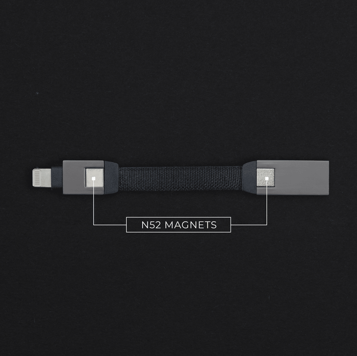 inCharge® Mini - The Smallest cable ever - inCharge® Mini - The Smallest cable ever - USB to Lightning - Compact black magnetic charging cable with two gray connector ends and fabric-wrapped wire. - Rolling Square inCharge® Mini - The Smallest cable ever - USB to Lightning - Compact black magnetic charging cable with two gray connector ends and fabric-wrapped wire. - Rolling Square