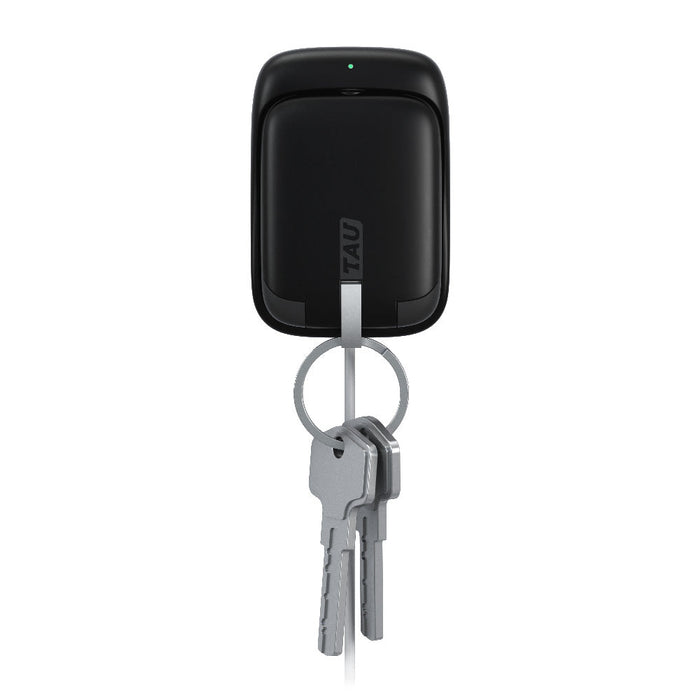 TAU® - Always-charged power bank - TAU® - Always-charged power bank - Charcoal Black - Compact black power bank with smooth matte finish and attached keyring holding three silver keys. - Rolling Square TAU® - Always-charged power bank - Charcoal Black - Compact black power bank with smooth matte finish and attached keyring holding three silver keys. - Rolling Square