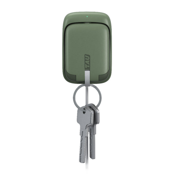 TAU® - Always-charged power bank - TAU® - Always-charged power bank - Charcoal Black - Agave green compact TAU power bank with attached metal keyring holding three keys. - Rolling Square TAU® - Always-charged power bank - Charcoal Black - Agave green compact TAU power bank with attached metal keyring holding three keys. - Rolling Square
