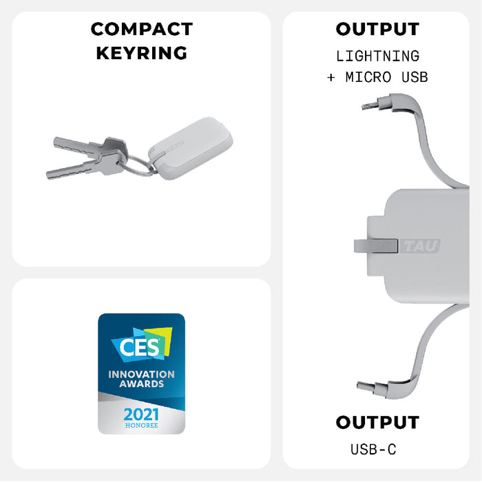 TAU® - Always-charged power bank - TAU® - Always-charged power bank - Charcoal Black - Compact white keyring power bank with dual USB outputs for Lightning and Micro USB charging. - Rolling Square TAU® - Always-charged power bank - Charcoal Black - Compact white keyring power bank with dual USB outputs for Lightning and Micro USB charging. - Rolling Square