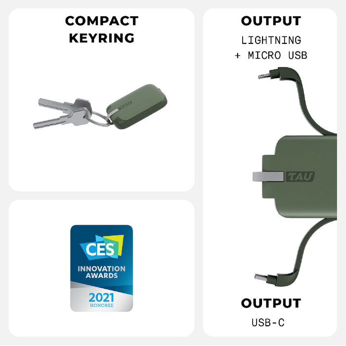 TAU® - Always-charged power bank - TAU® - Always-charged power bank - Charcoal Black - Compact agave green power bank keyring with lightning, micro USB, and USB-C output ports. - Rolling Square TAU® - Always-charged power bank - Charcoal Black - Compact agave green power bank keyring with lightning, micro USB, and USB-C output ports. - Rolling Square
