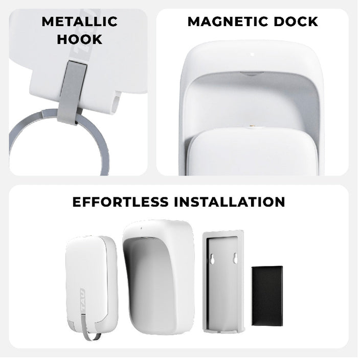 TAU® - Always-charged power bank - TAU® - Always-charged power bank - Charcoal Black - White magnetic dock for TAU power bank with metallic hook and easy wall installation components. - Rolling Square TAU® - Always-charged power bank - Charcoal Black - White magnetic dock for TAU power bank with metallic hook and easy wall installation components. - Rolling Square