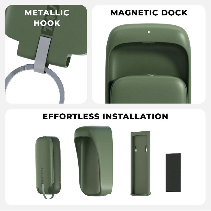 TAU® - Always-charged power bank - TAU® - Always-charged power bank - Charcoal Black - Agave green power bank with metallic hook and magnetic dock shown with installation steps. - Rolling Square TAU® - Always-charged power bank - Charcoal Black - Agave green power bank with metallic hook and magnetic dock shown with installation steps. - Rolling Square
