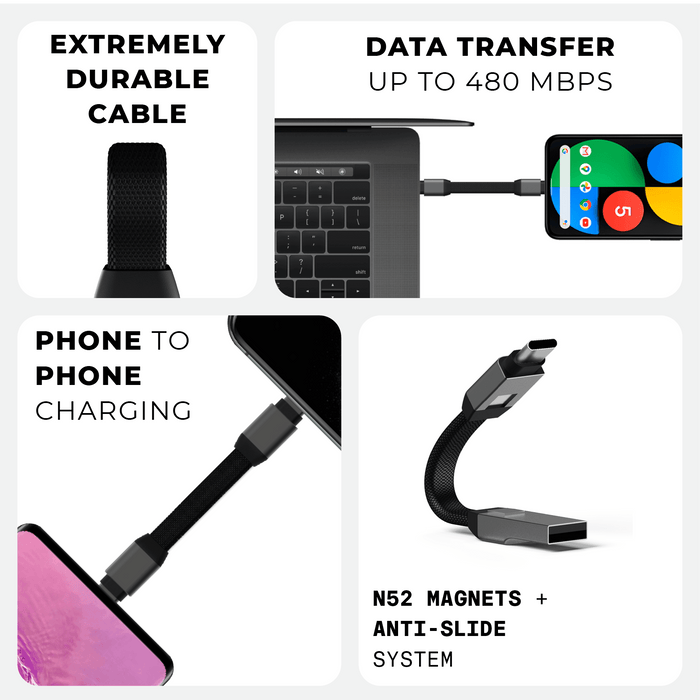 inCharge® Mini - The Smallest cable ever - inCharge® Mini - The Smallest cable ever - USB to Lightning - Compact black charging cable showing USB-C and Lightning connectors, demonstrating phone charging and data transfer features. - Rolling Square inCharge® Mini - The Smallest cable ever - USB to Lightning - Compact black charging cable showing USB-C and Lightning connectors, demonstrating phone charging and data transfer features. - Rolling Square