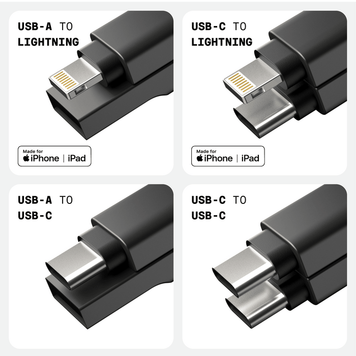 inCharge® Mini - The Smallest cable ever - inCharge® Mini - The Smallest cable ever - USB to Lightning - Compact black inCharge Mini cables with USB-A to Lightning, USB-C to Lightning, USB-A to USB-C, and USB-C to USB-C connectors. - Rolling Square inCharge® Mini - The Smallest cable ever - USB to Lightning - Compact black inCharge Mini cables with USB-A to Lightning, USB-C to Lightning, USB-A to USB-C, and USB-C to USB-C connectors. - Rolling Square