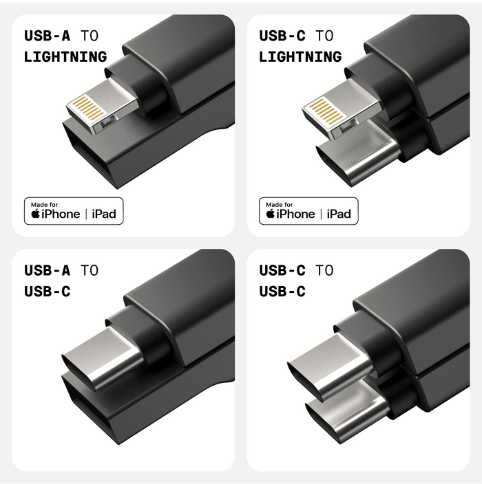 inCharge® Mini - The Smallest cable ever - inCharge® Mini - The Smallest cable ever - USB to Lightning - Compact black inCharge Mini cables with USB-A to Lightning, USB-C to Lightning, USB-A to USB-C, and USB-C to USB-C connectors. - Rolling Square inCharge® Mini - The Smallest cable ever - USB to Lightning - Compact black inCharge Mini cables with USB-A to Lightning, USB-C to Lightning, USB-A to USB-C, and USB-C to USB-C connectors. - Rolling Square
