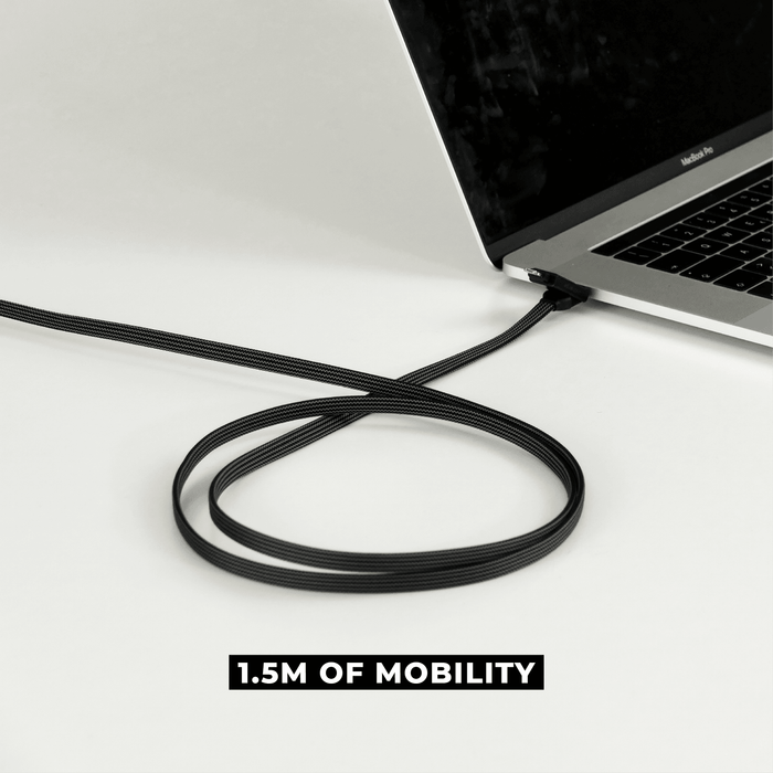 inCharge® X Max - 100W, 6in1 long cable - inCharge® X Max - 100W, 6in1 long cable - Lava Black - Lava black braided 6-in-1 charging cable plugged into laptop with 1.5m length label. - Rolling Square inCharge® X Max - 100W, 6in1 long cable - Lava Black - Lava black braided 6-in-1 charging cable plugged into laptop with 1.5m length label. - Rolling Square